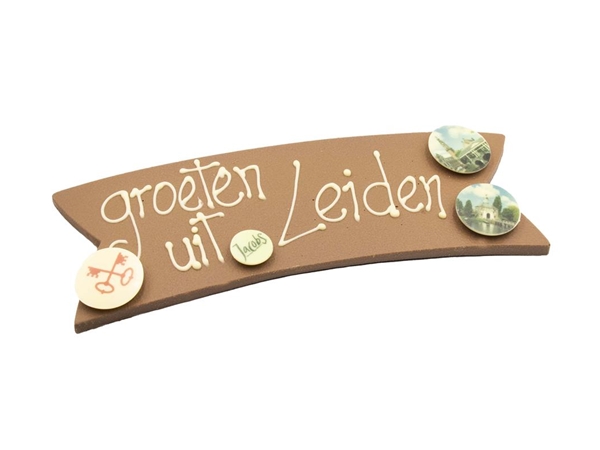 Chocolade boodschap "Groeten Leiden"